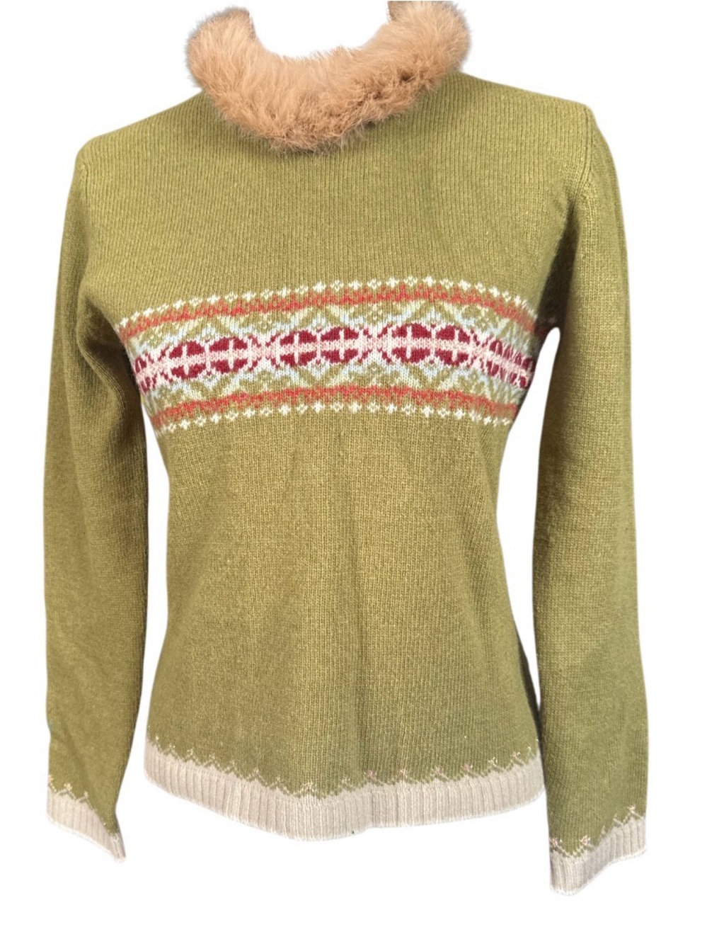 Olive Green Fair Isle Turtleneck Sweater with Faux Fur Trim